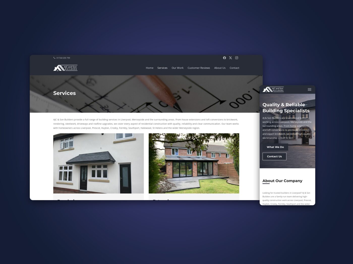 The services page, desktop and phone