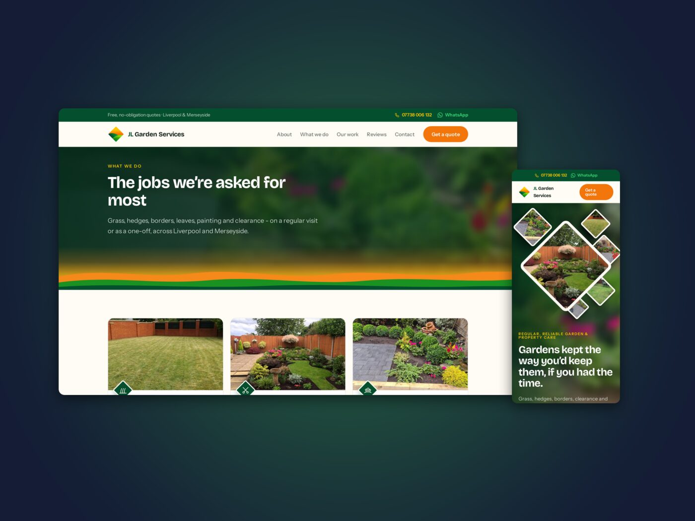 The services page, desktop and phone