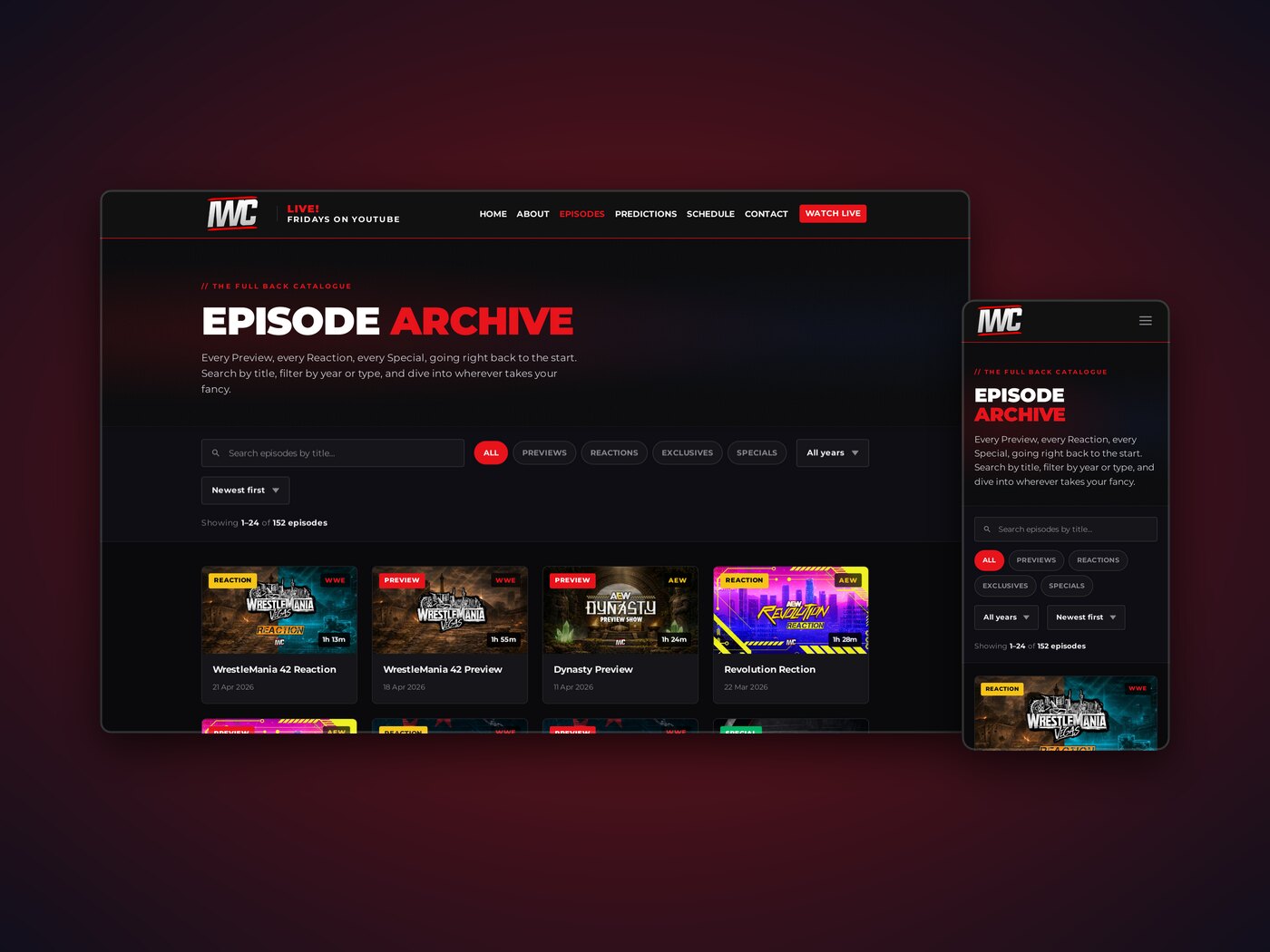 The episode archive, desktop and phone